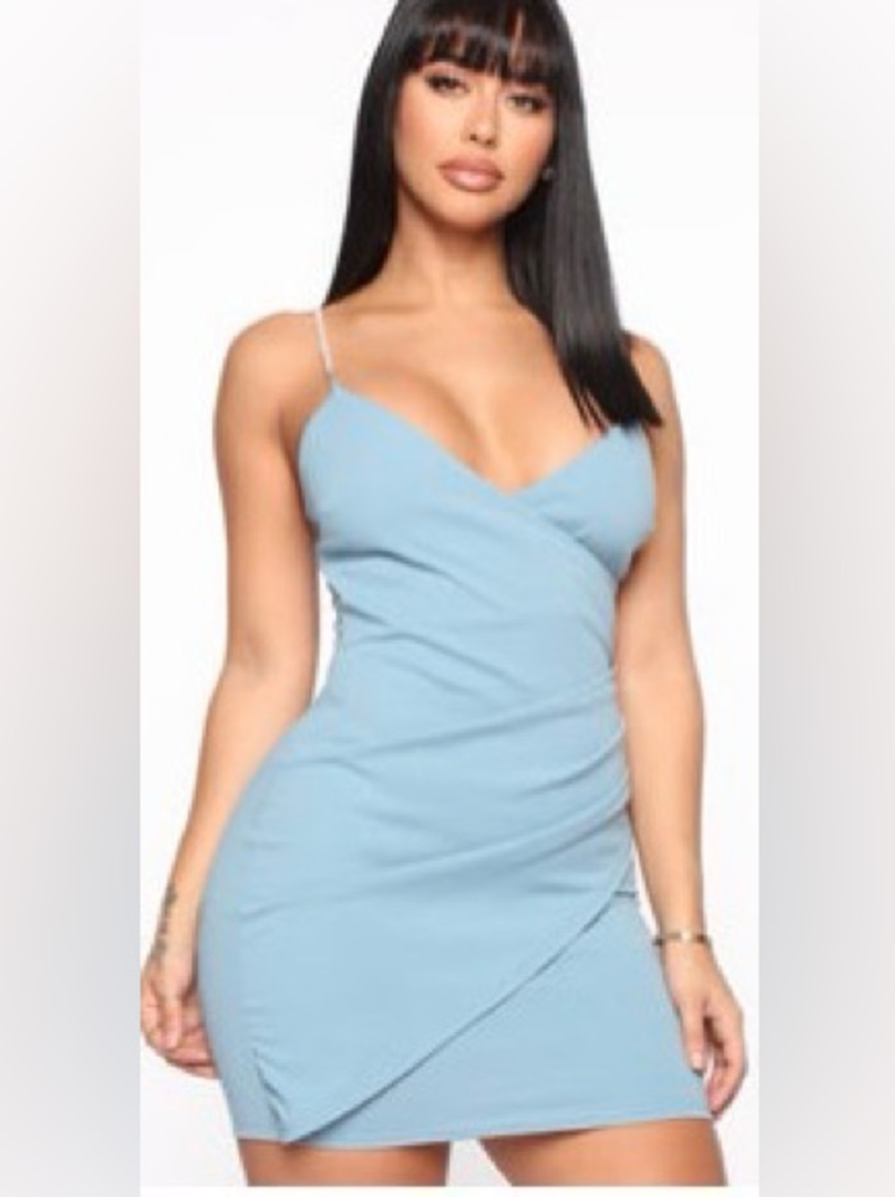 Fashion Nova Light Blue Spaghetti Strap Wrap-Front Mini Dress